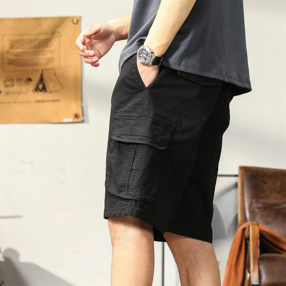 L'MONTE Men's Cotton Casual Black Elastic Waist Cargo Shorts My Store