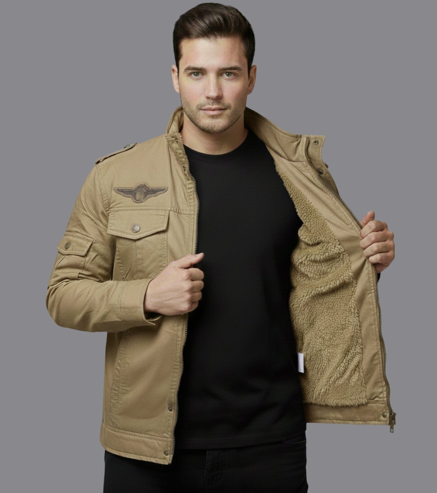 L'MONTE Men's Khaki Fleece-Lined Bomber Jacket My Store