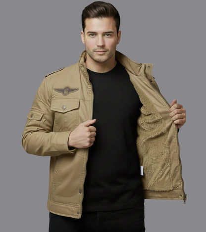 L'MONTE Men's Khaki Fleece-Lined Bomber Jacket My Store