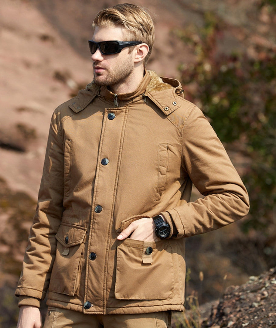L'MONTE Men's Khaki Fleece-Lined Jacket With Detachable Hood My Store