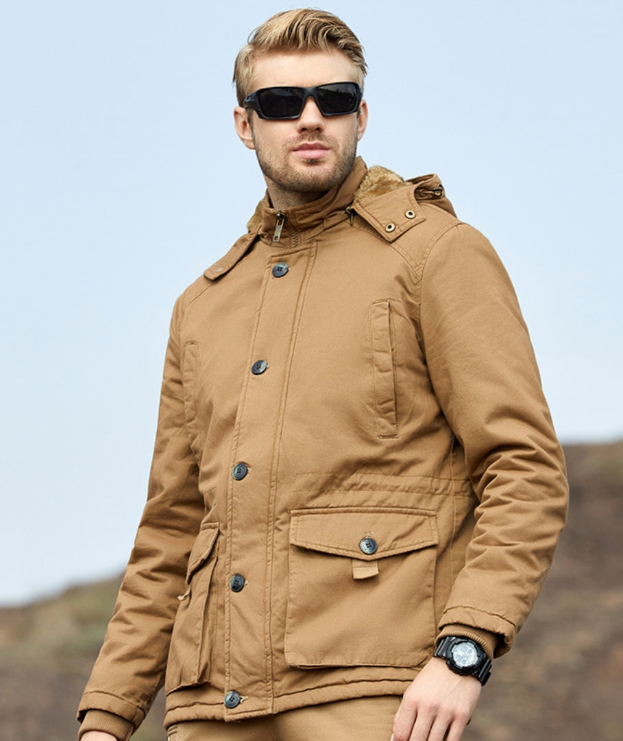 L'MONTE Men's Khaki Fleece-Lined Jacket With Detachable Hood My Store