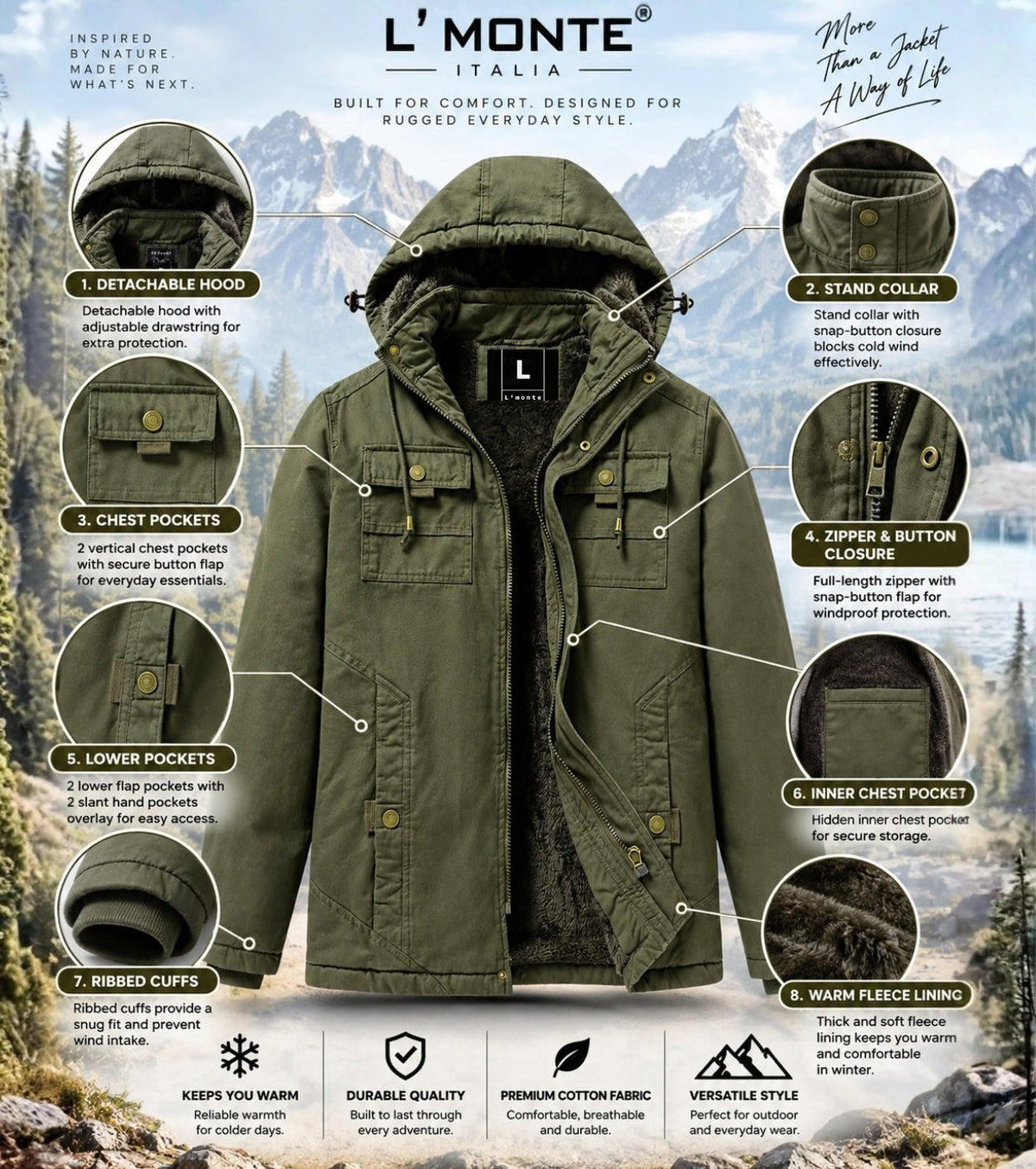 L'MONTE Men's Green Winter Jacket With Detachable Hood My Store