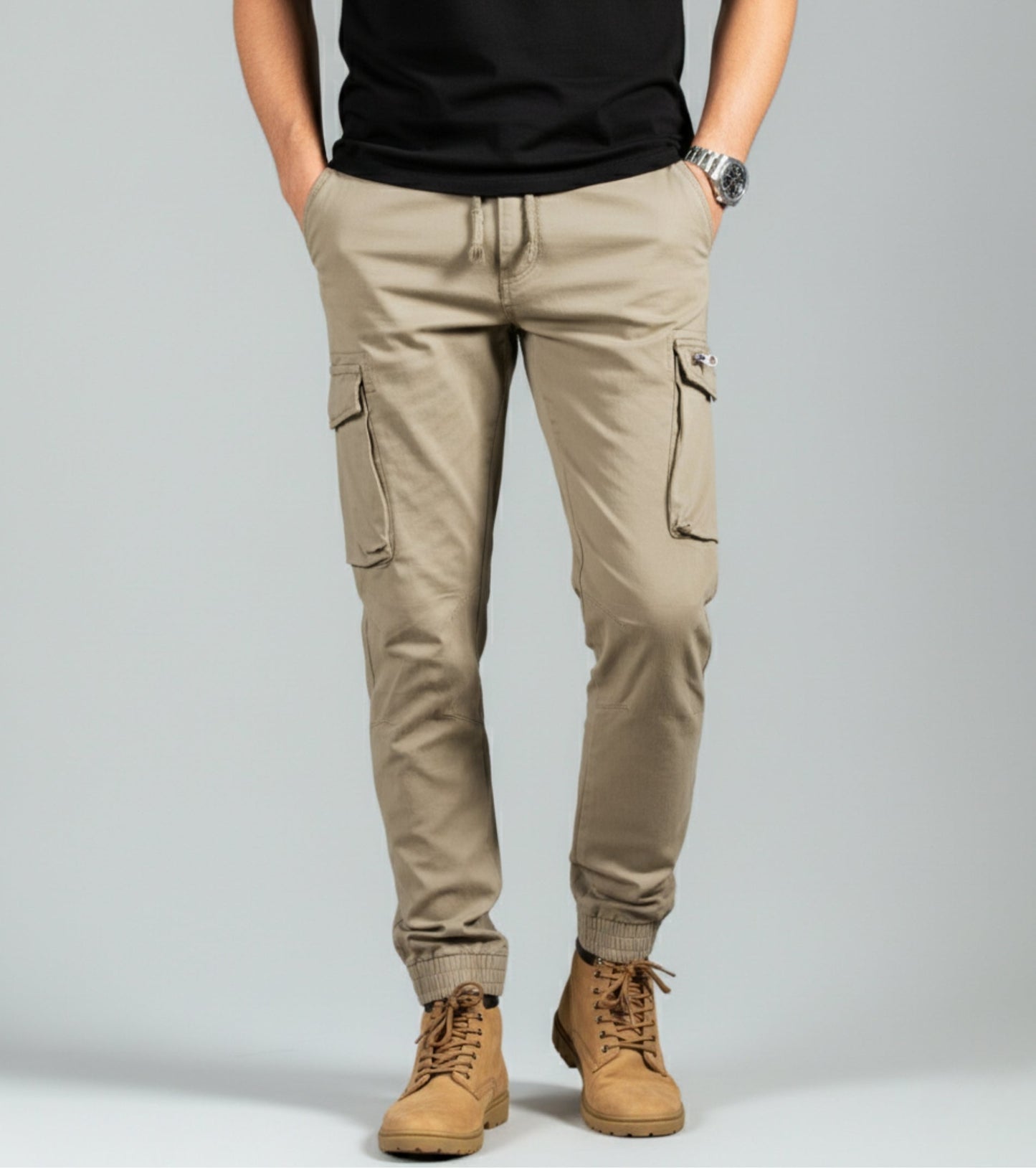 L'MONTE Men's Khaki Cotton Stretch Cargo Joggers Lmonte International