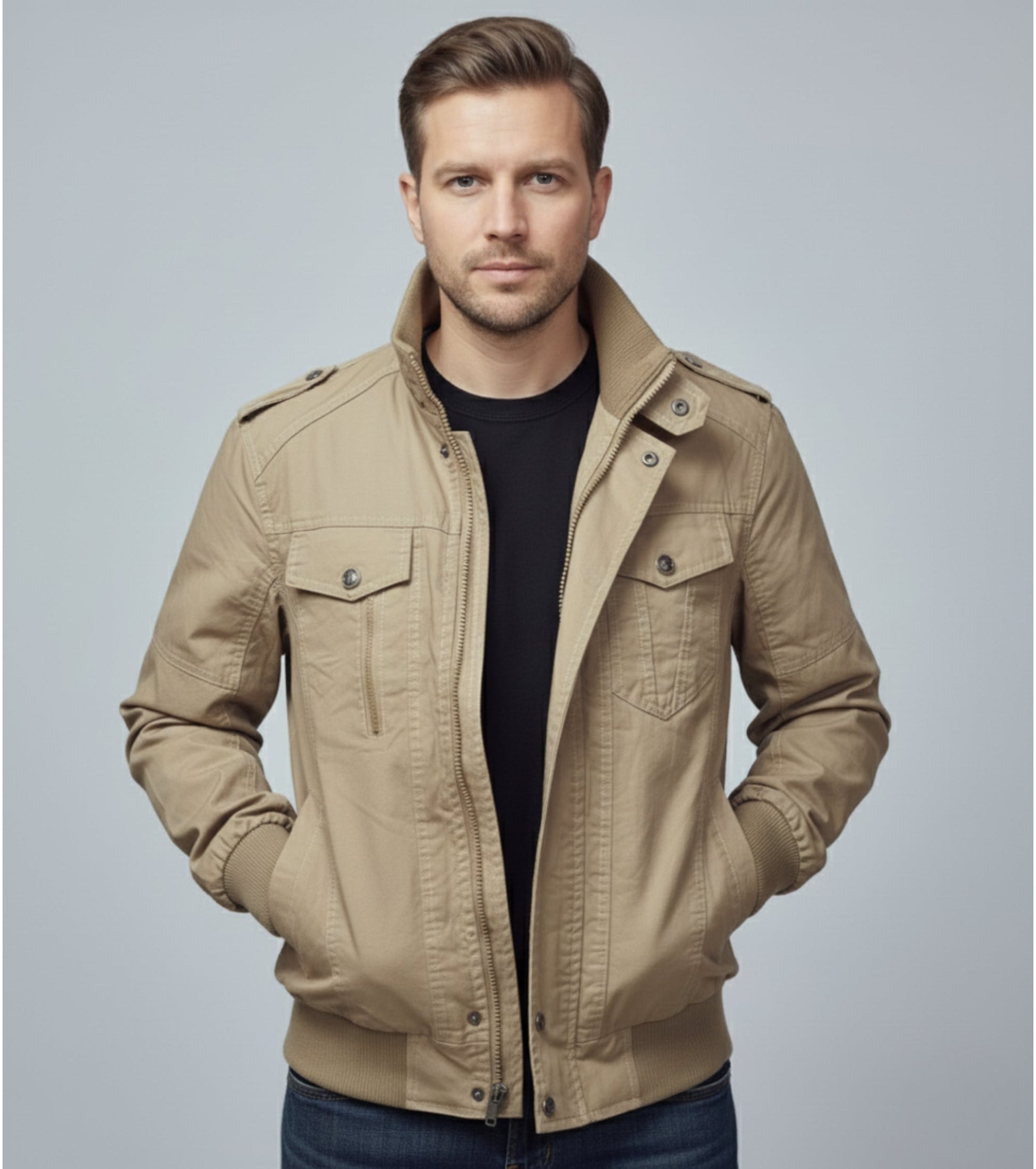 L'MONTE Men's Khaki Casual Bomber Jacket My Store
