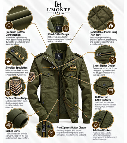 L'MONTE Men's Military-Style Army Green Cargo Jacket For Mild Winter My Store