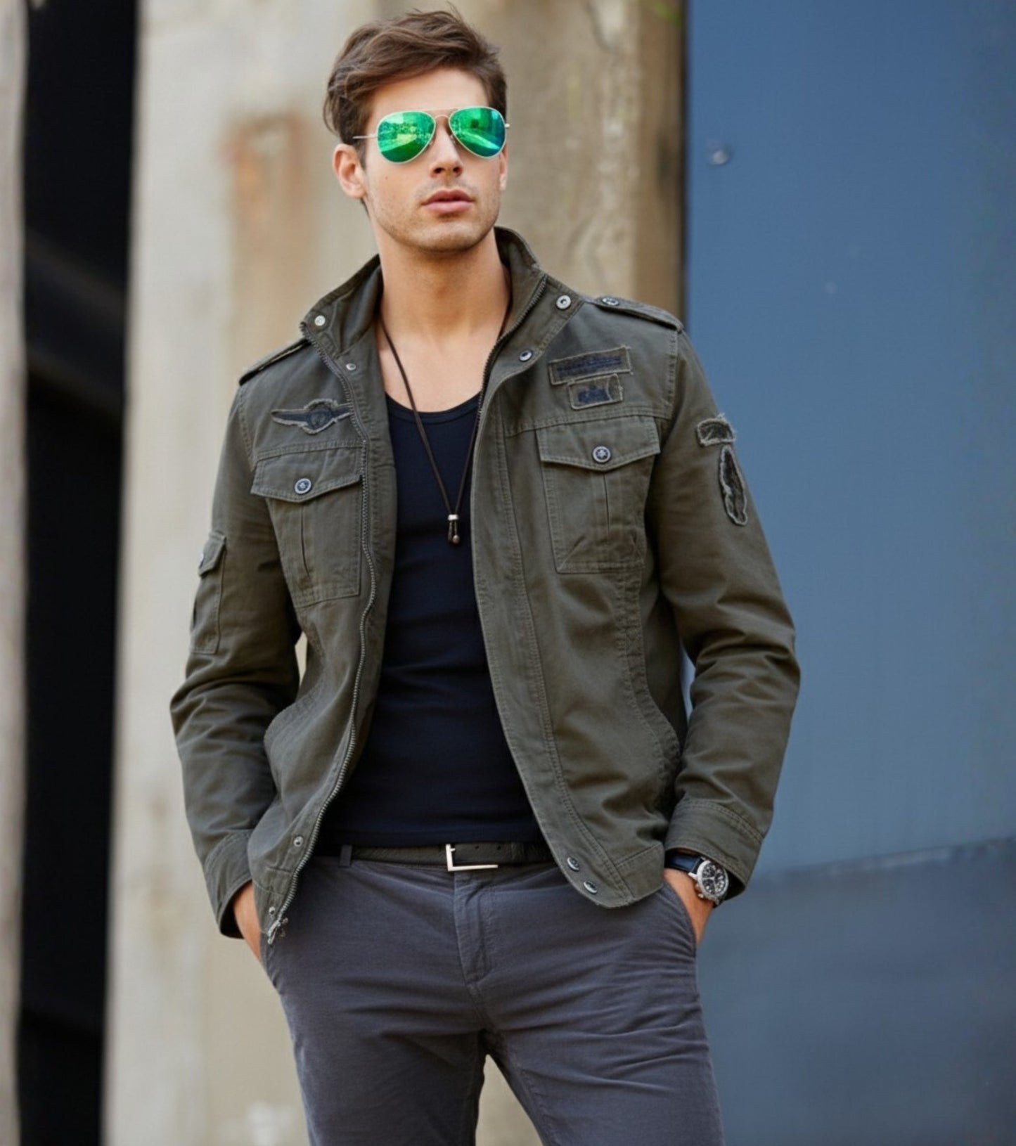 L'MONTE Men's Army Green Military-Style Bomber Jacket My Store