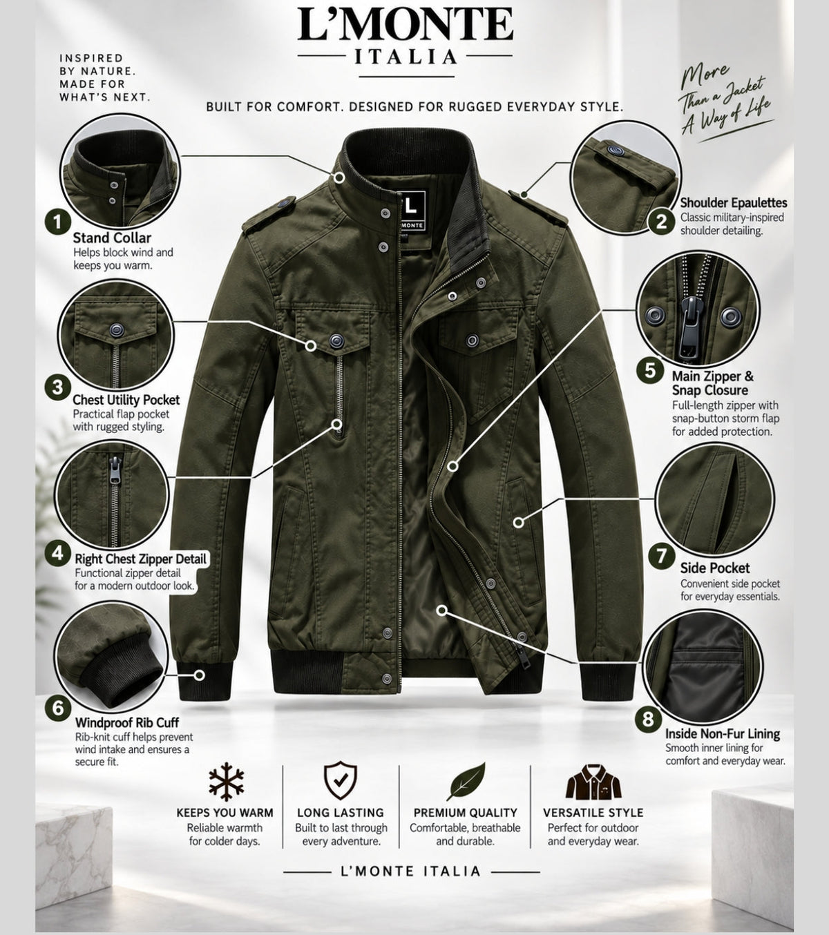 L'MONTE Men's Army Green Casual Bomber Jacket My Store