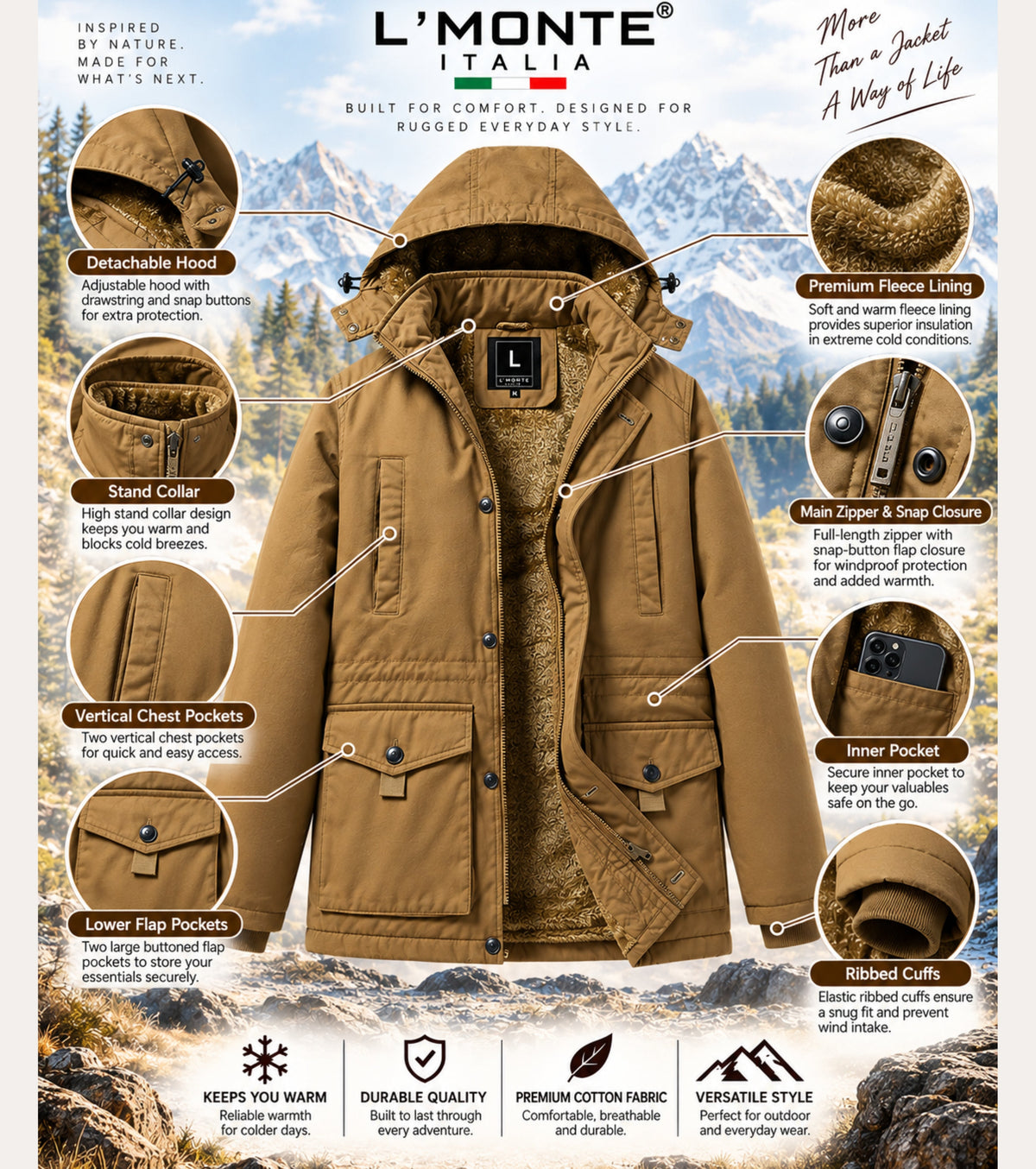 L'MONTE Men's Khaki Fleece-Lined Jacket With Detachable Hood My Store