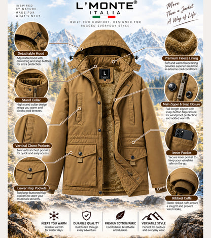 L'MONTE Men's Khaki Fleece-Lined Jacket With Detachable Hood My Store