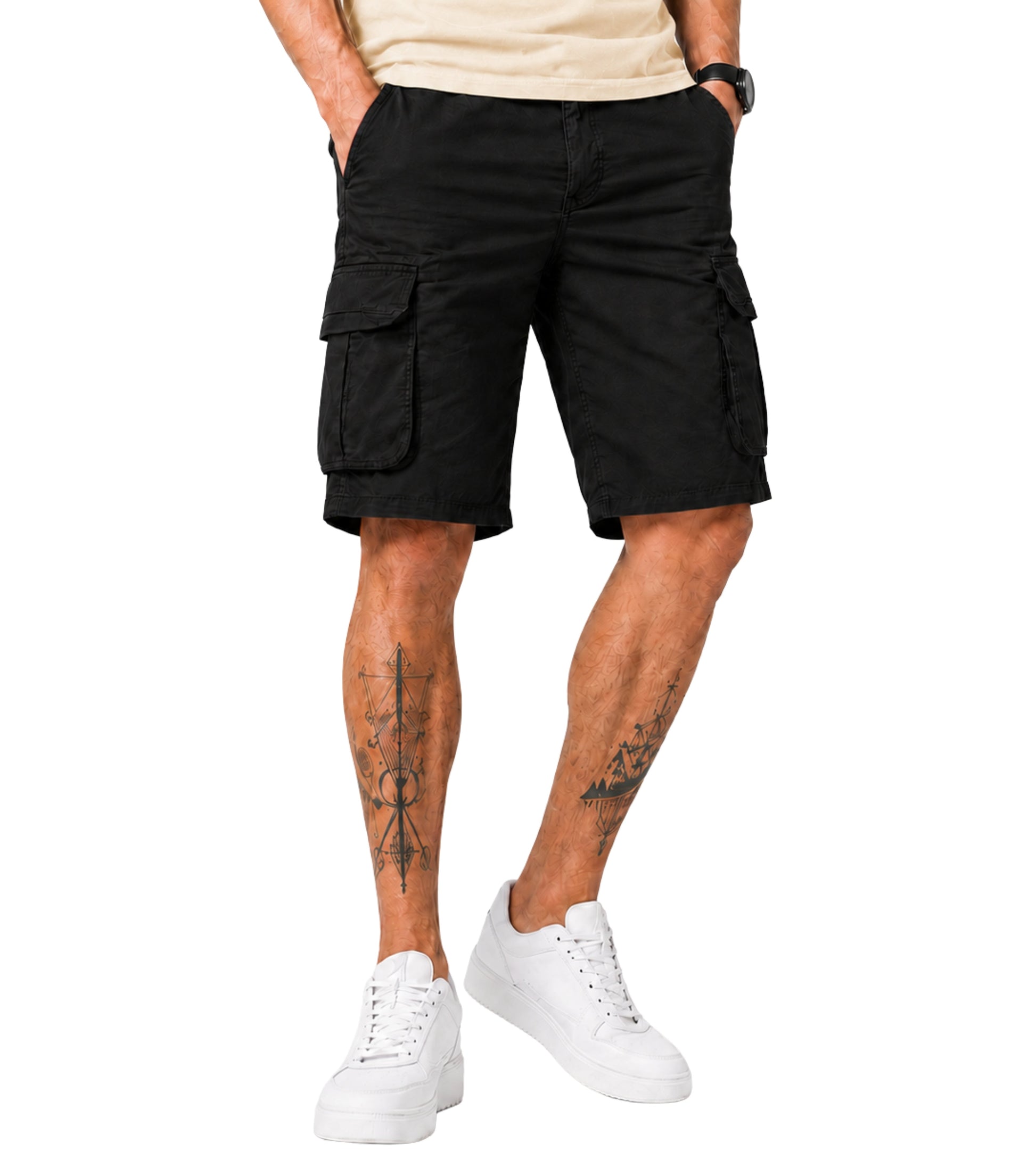 L'MONTE Men's Cotton Casual Black Elastic Waist Cargo Shorts My Store