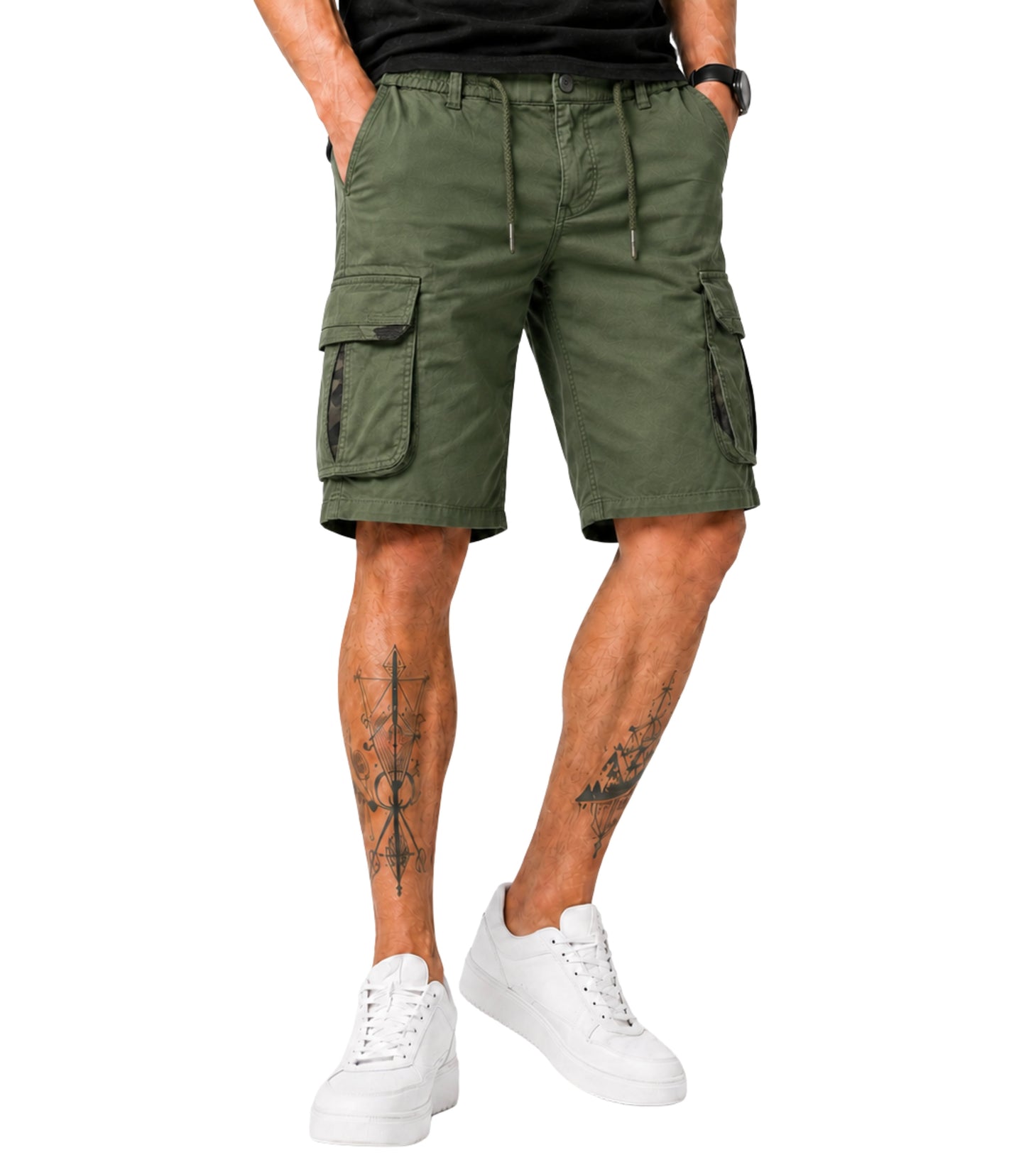 L'MONTE Men's Cotton Casual Army Green Elastic Waist Cargo Shorts My Store