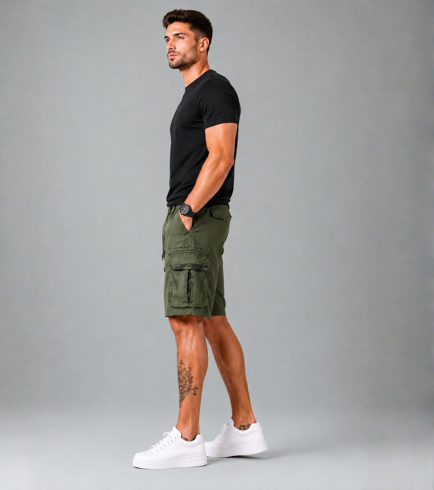 L'MONTE Men's Cotton Casual Army Green Elastic Waist Cargo Shorts My Store