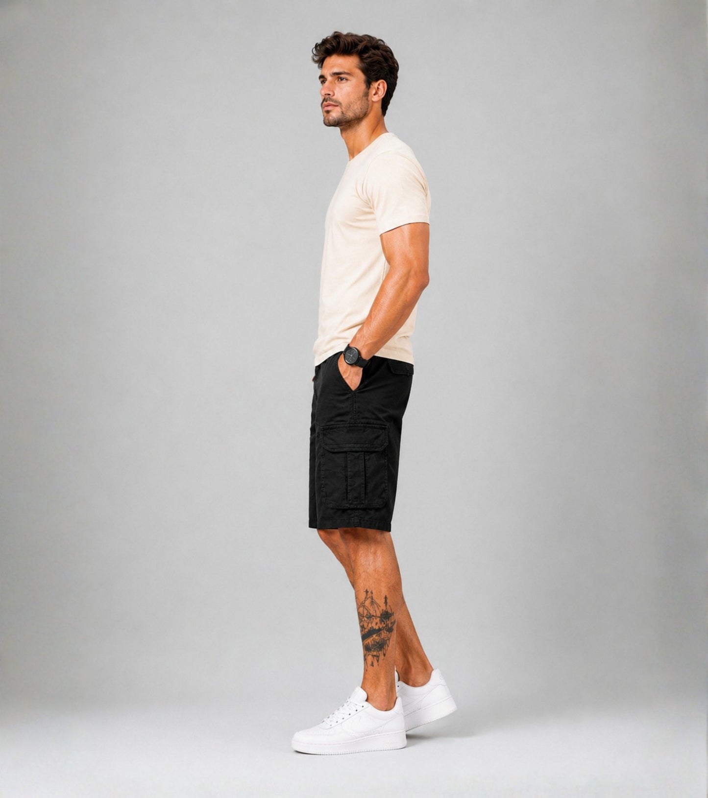 L'MONTE Men's Cotton Casual Black Elastic Waist Cargo Shorts My Store