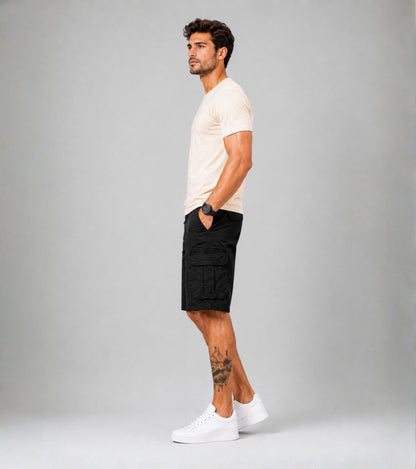 L'MONTE Men's Cotton Casual Black Elastic Waist Cargo Shorts My Store