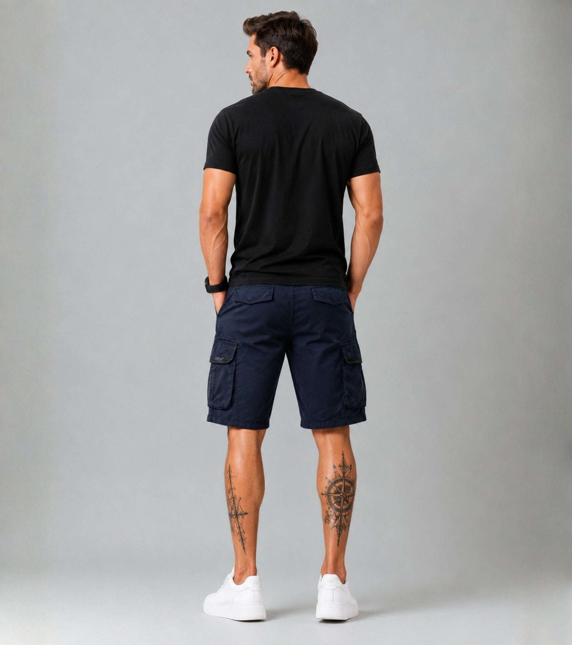 L'MONTE Men's Cotton Casual Dark Blue Elastic Waist Cargo Shorts My Store