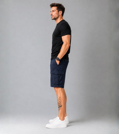 L'MONTE Men's Cotton Casual Dark Blue Elastic Waist Cargo Shorts My Store