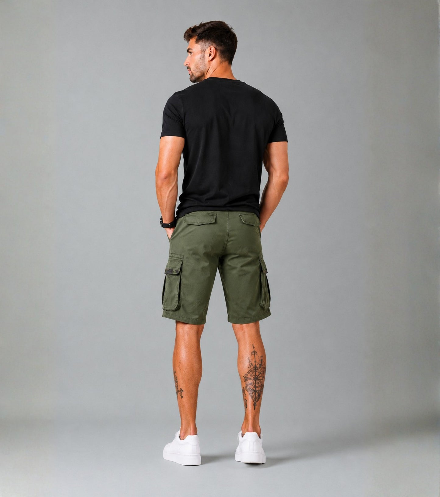 L'MONTE Men's Cotton Casual Army Green Elastic Waist Cargo Shorts My Store