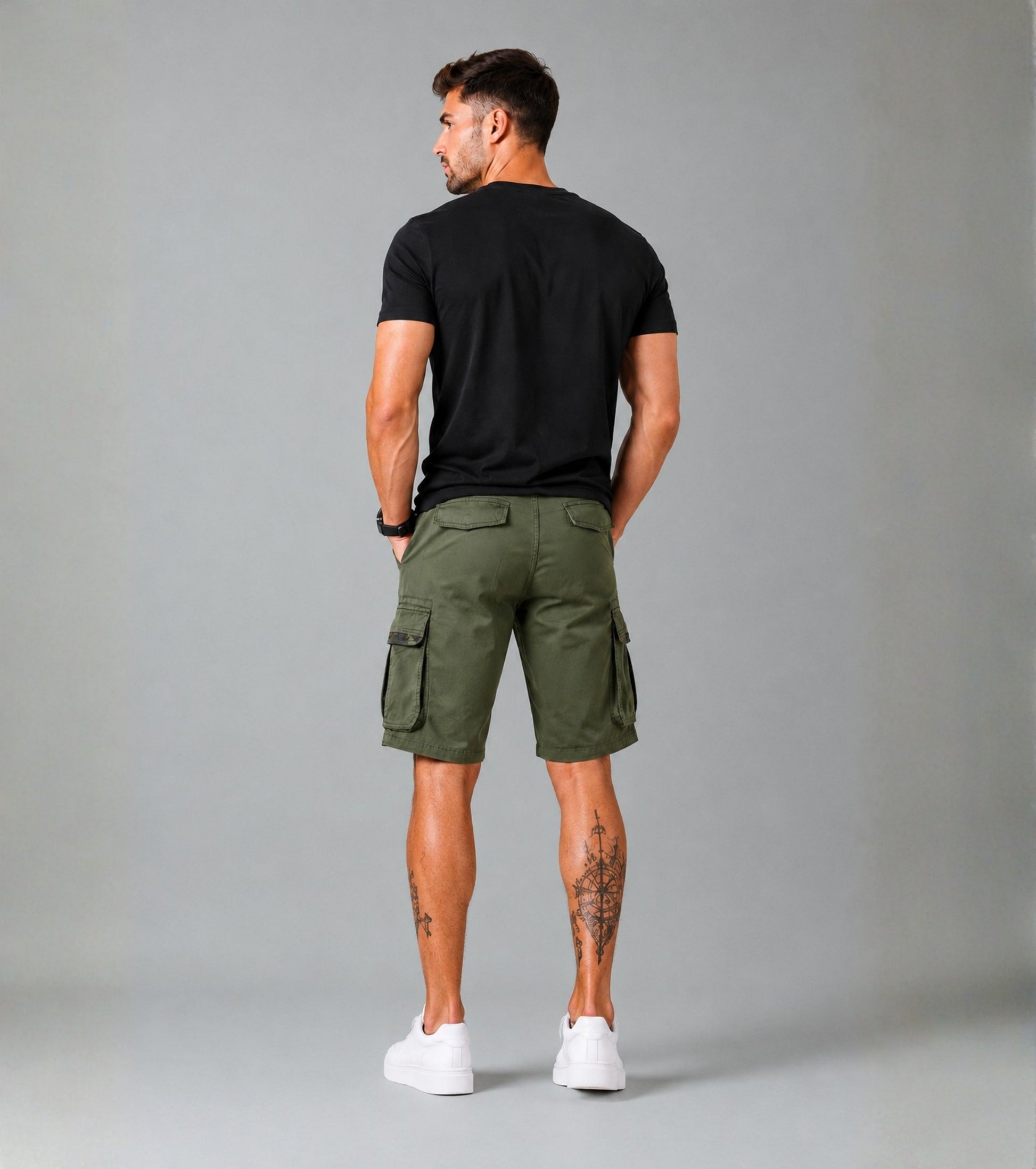 L'MONTE Men's Cotton Casual Army Green Elastic Waist Cargo Shorts My Store