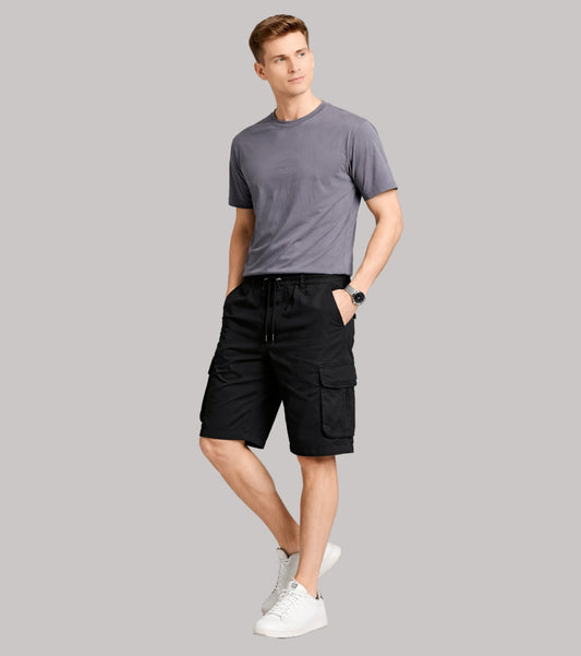 L'MONTE Men's Cotton Casual Black Elastic Waist Cargo Shorts My Store