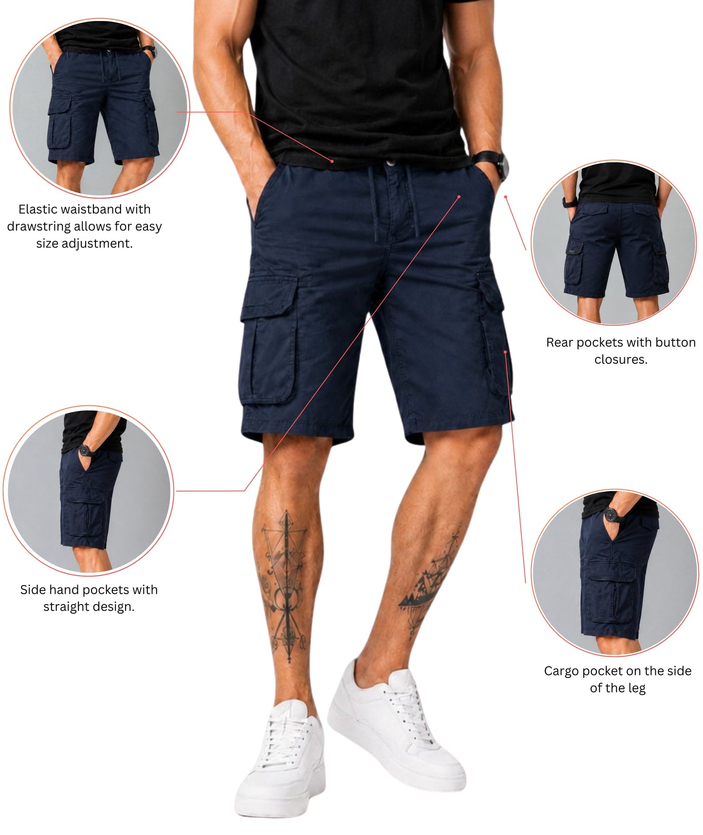 L'MONTE Men's Cotton Casual Dark Blue Elastic Waist Cargo Shorts My Store