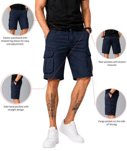 L'MONTE Men's Cotton Casual Dark Blue Elastic Waist Cargo Shorts My Store