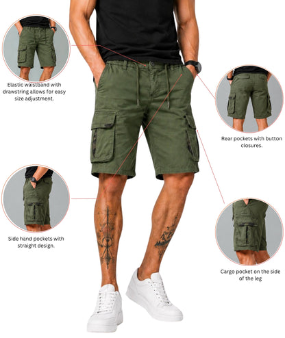 L'MONTE Men's Cotton Casual Army Green Elastic Waist Cargo Shorts My Store