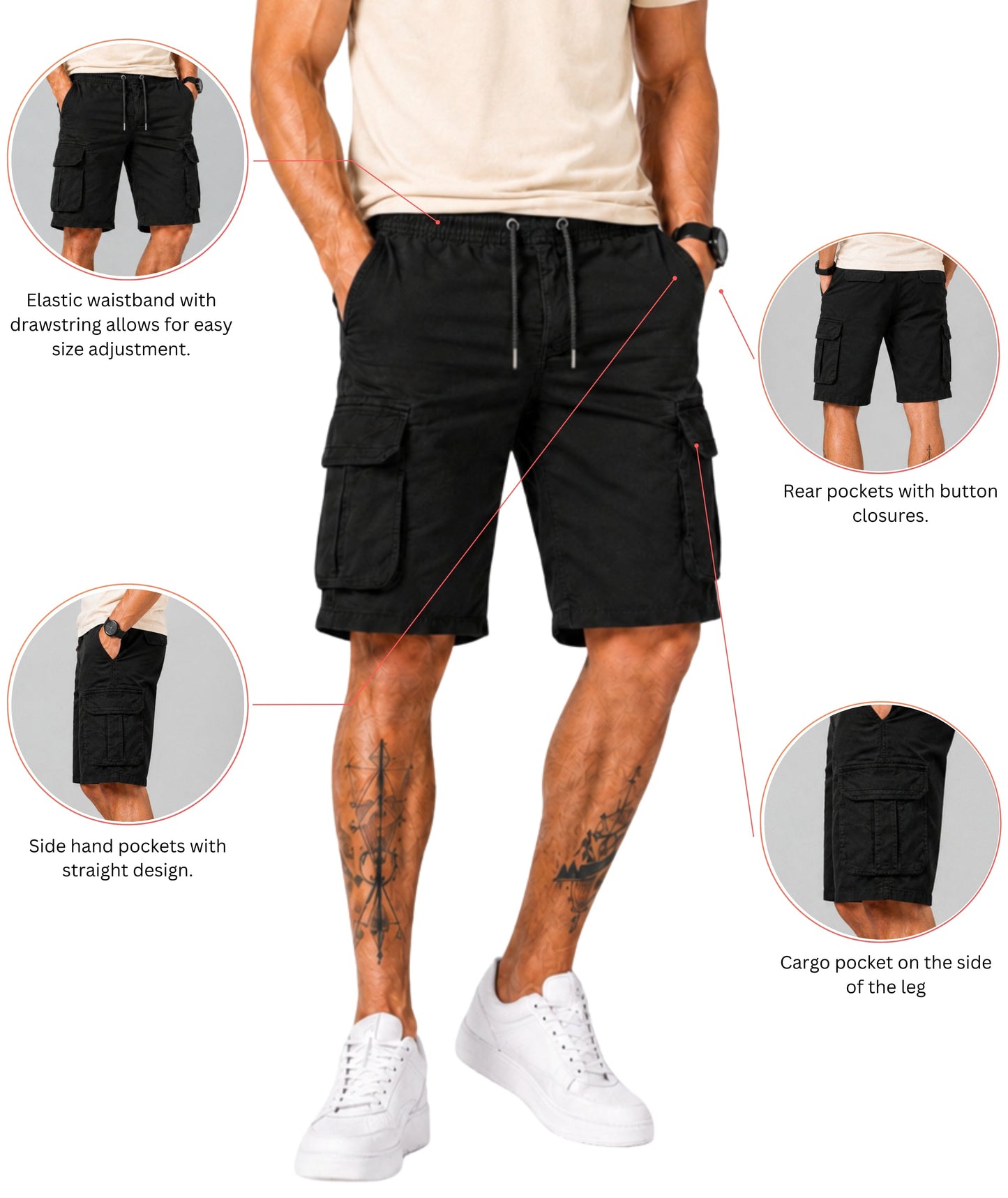 L'MONTE Men's Cotton Casual Black Elastic Waist Cargo Shorts My Store