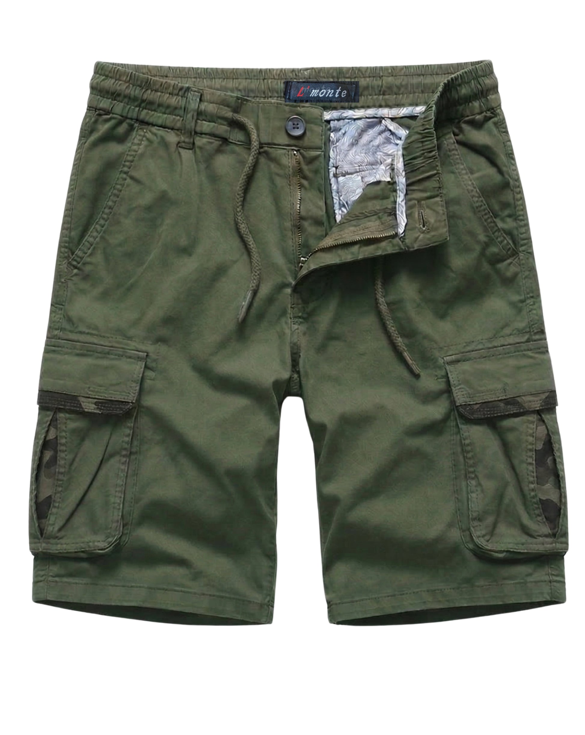 L'MONTE Men's Cotton Casual Army Green Elastic Waist Cargo Shorts My Store