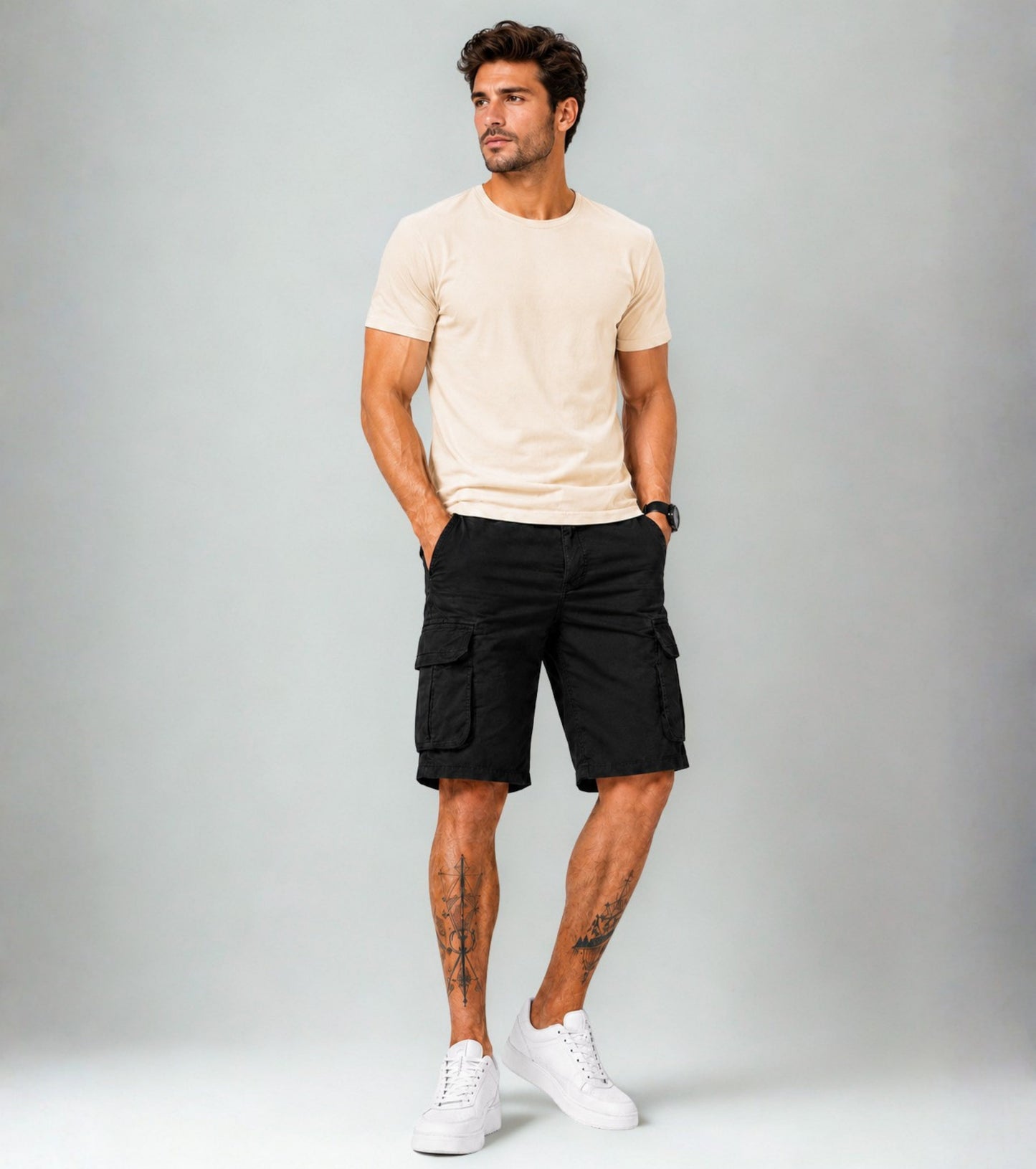 L'MONTE Men's Cotton Casual Black Elastic Waist Cargo Shorts My Store