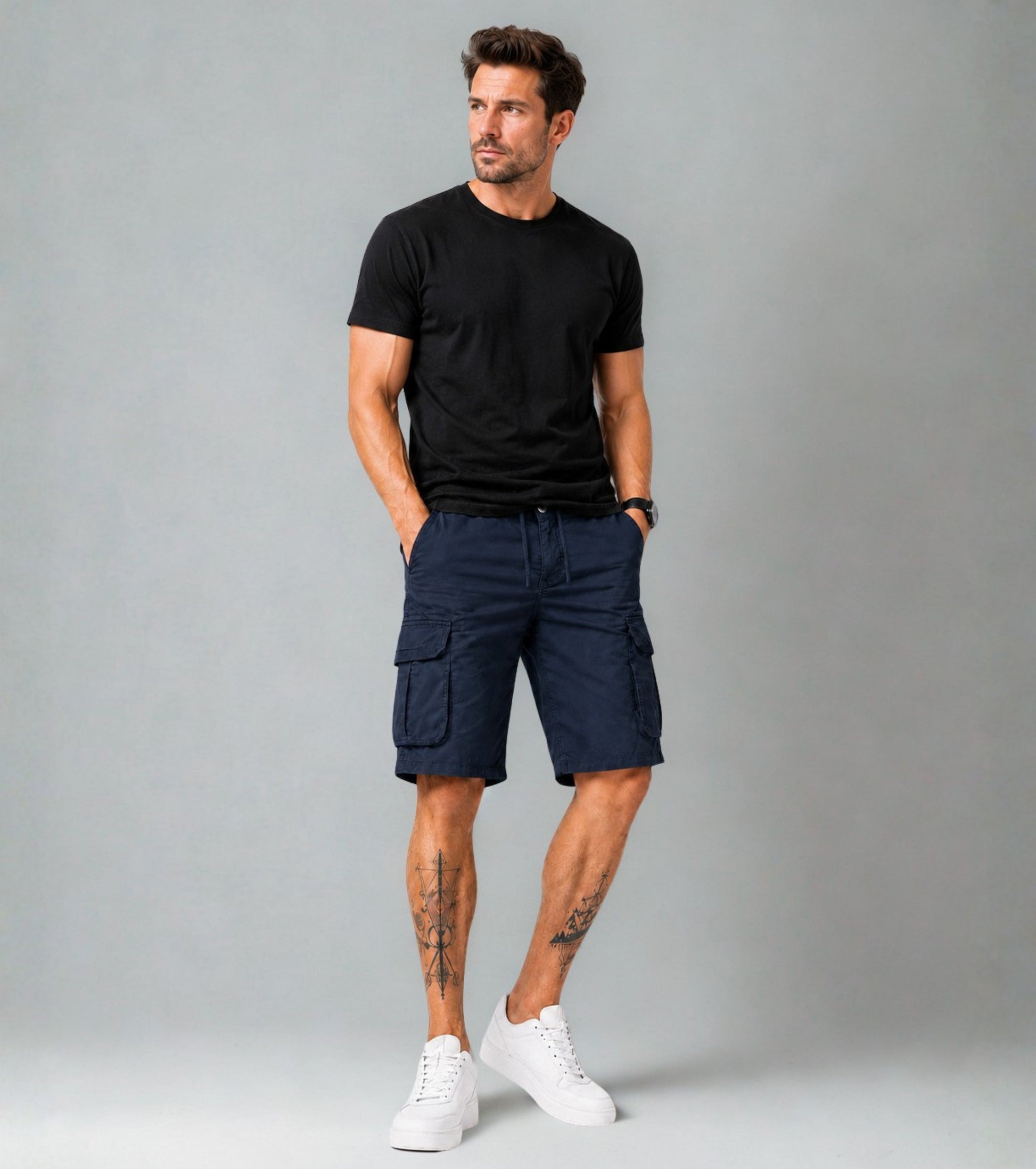 L'MONTE Men's Cotton Casual Dark Blue Elastic Waist Cargo Shorts My Store