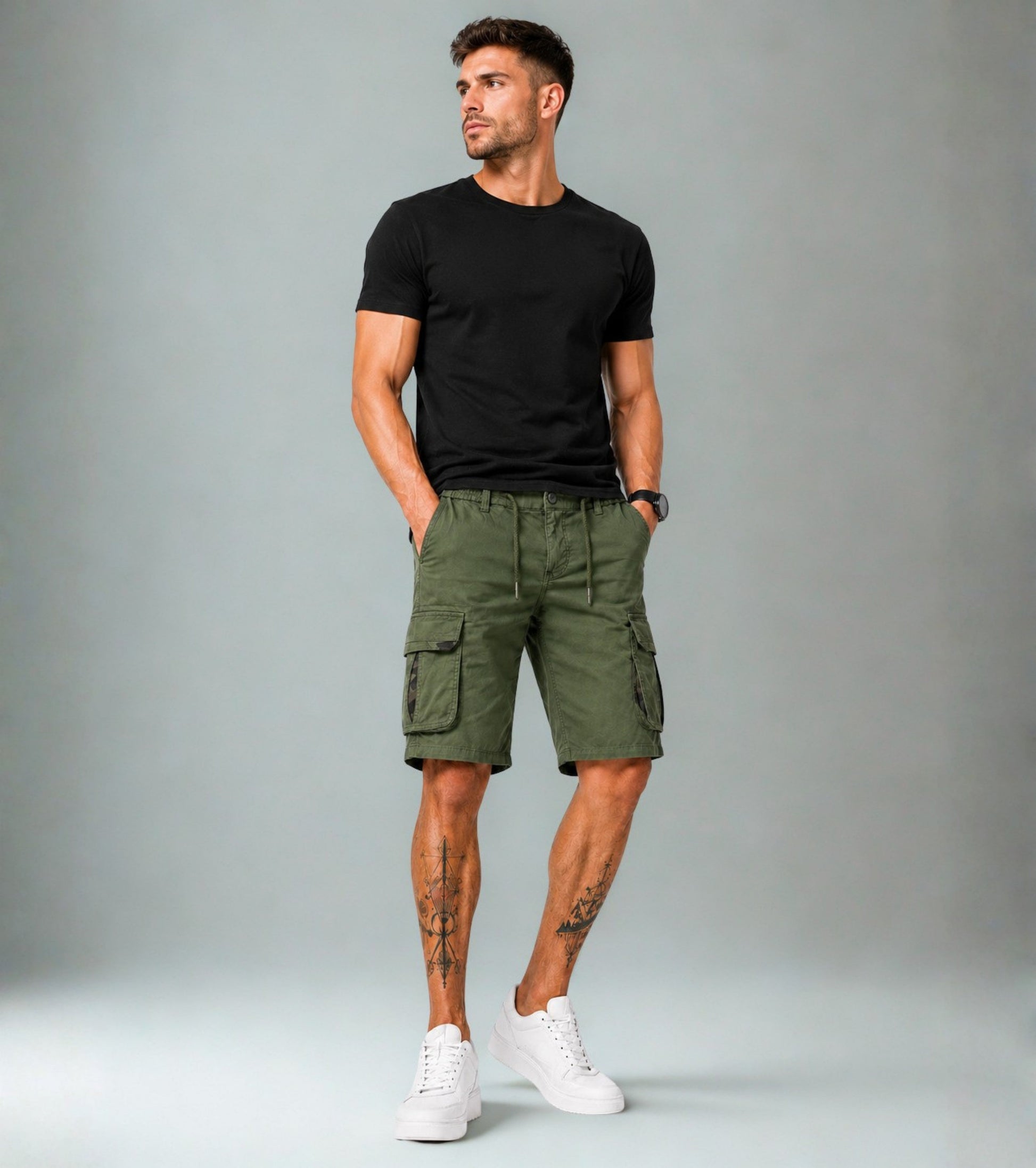 L'MONTE Men's Cotton Casual Army Green Elastic Waist Cargo Shorts My Store