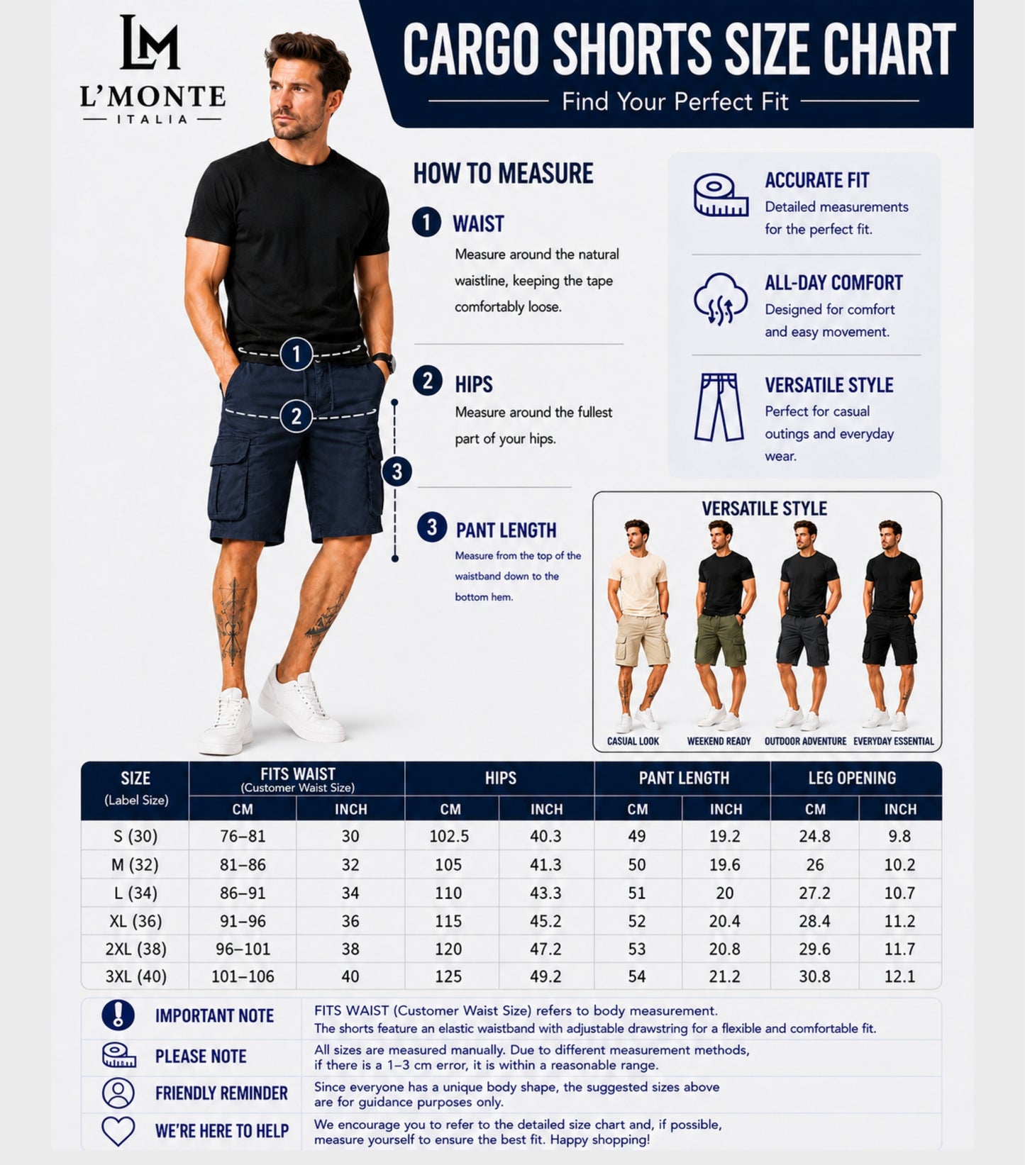 L'MONTE Men's Cotton Casual Dark Blue Elastic Waist Cargo Shorts My Store