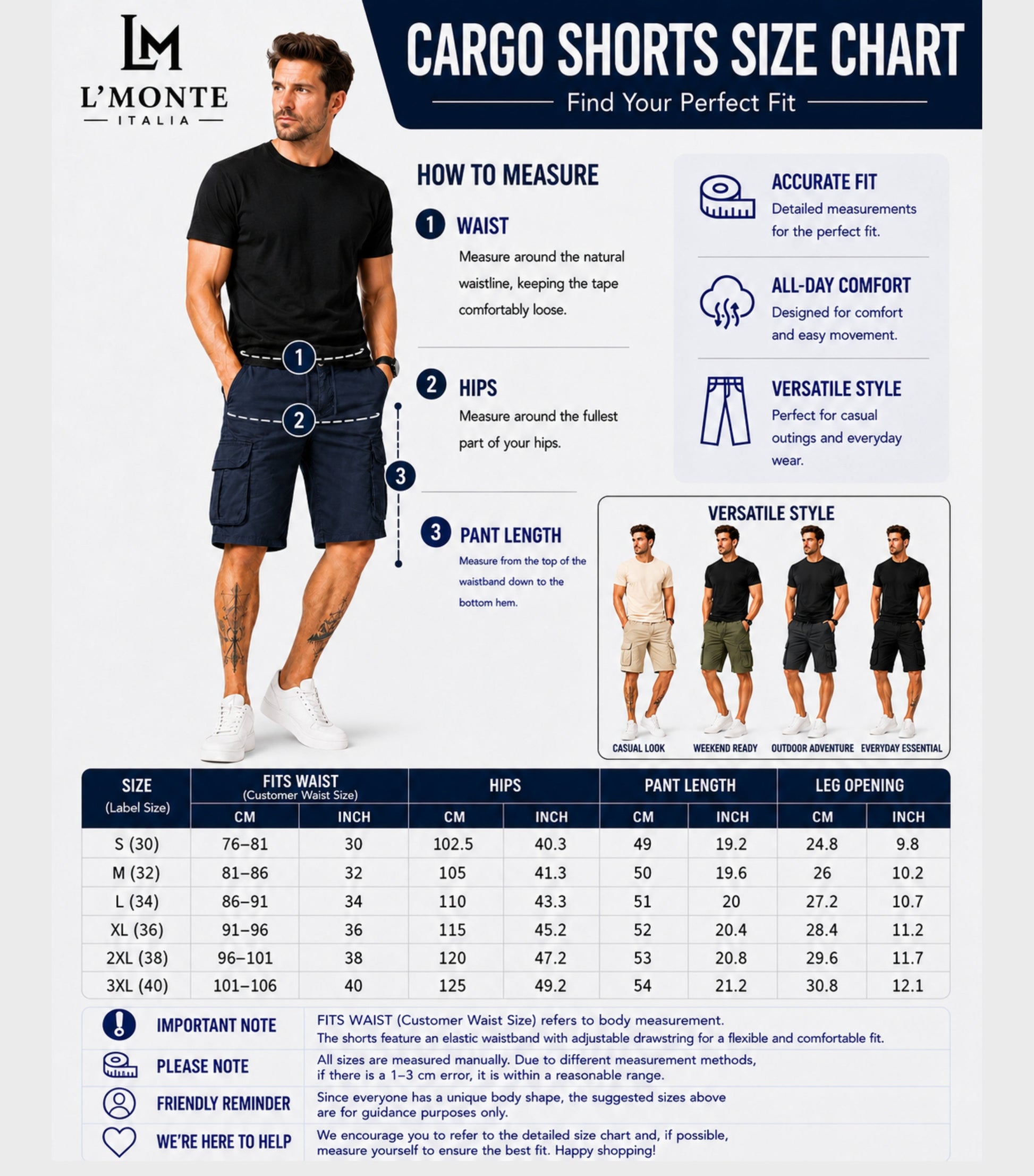 L'MONTE Men's Cotton Casual Dark Blue Elastic Waist Cargo Shorts My Store