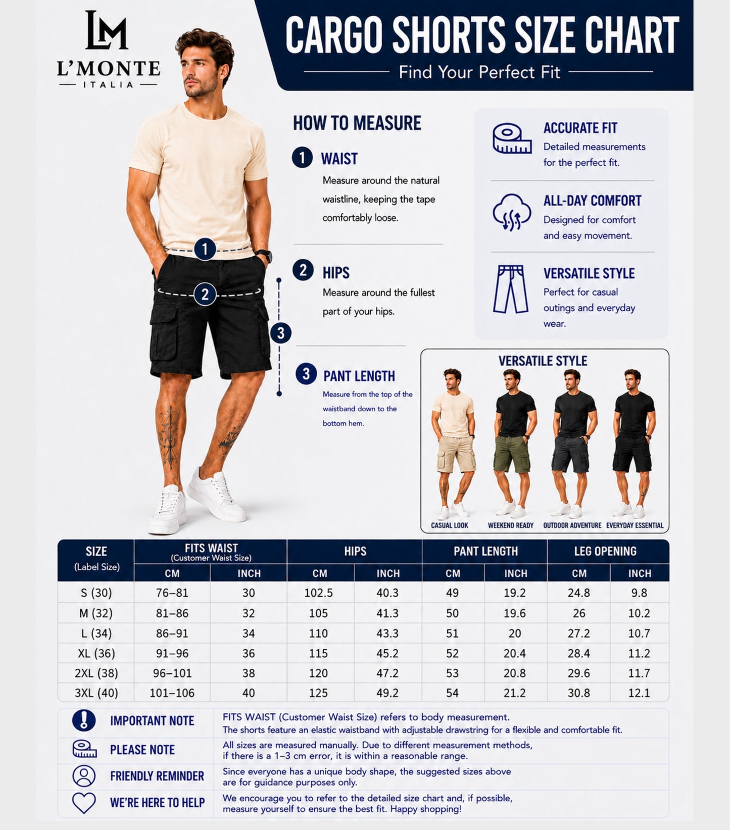 L'MONTE Men's Cotton Casual Black Elastic Waist Cargo Shorts My Store