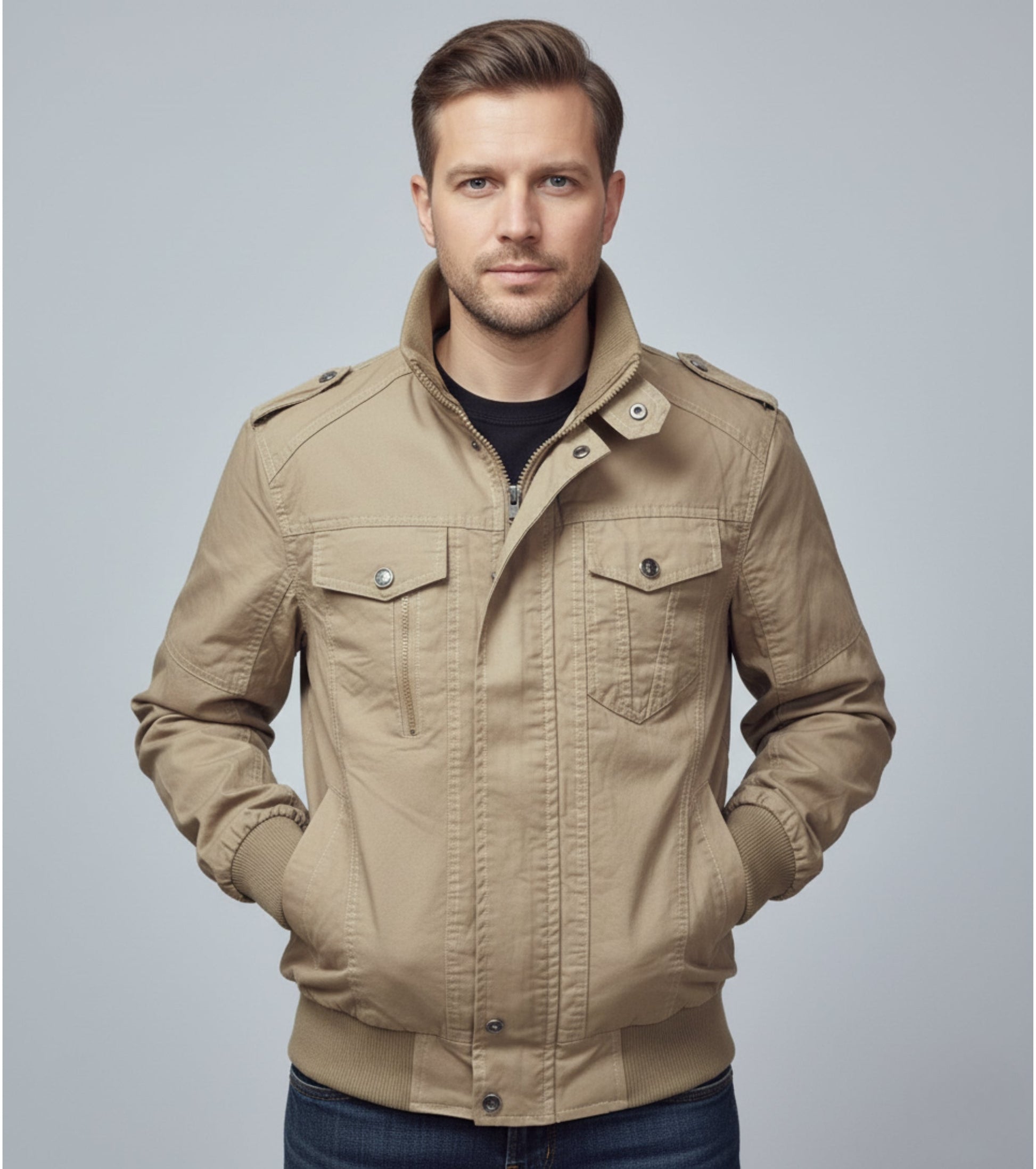 L'MONTE Men's Khaki Casual Bomber Jacket My Store