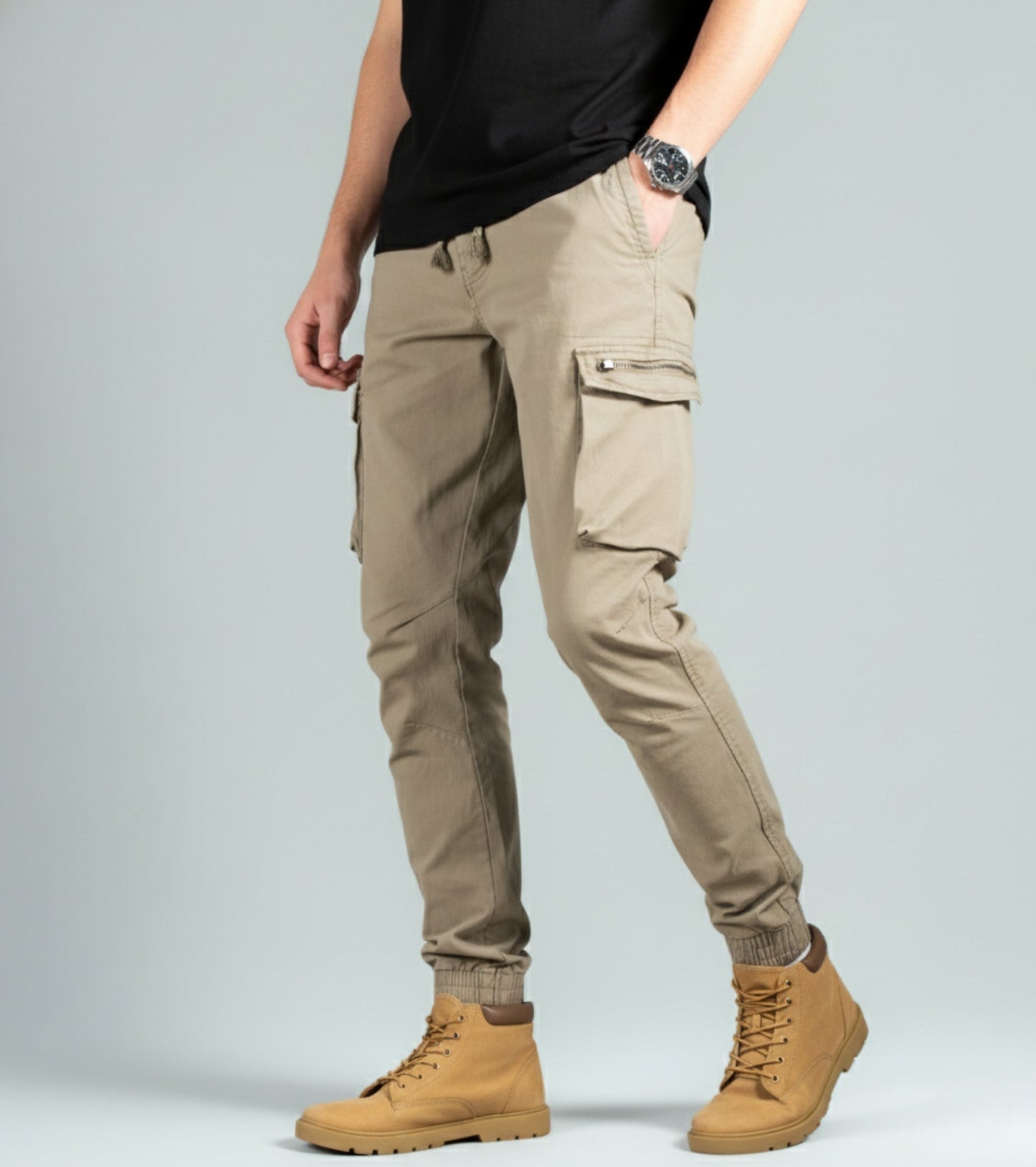 L'MONTE Men's Khaki Cotton Stretch Cargo Joggers Lmonte International
