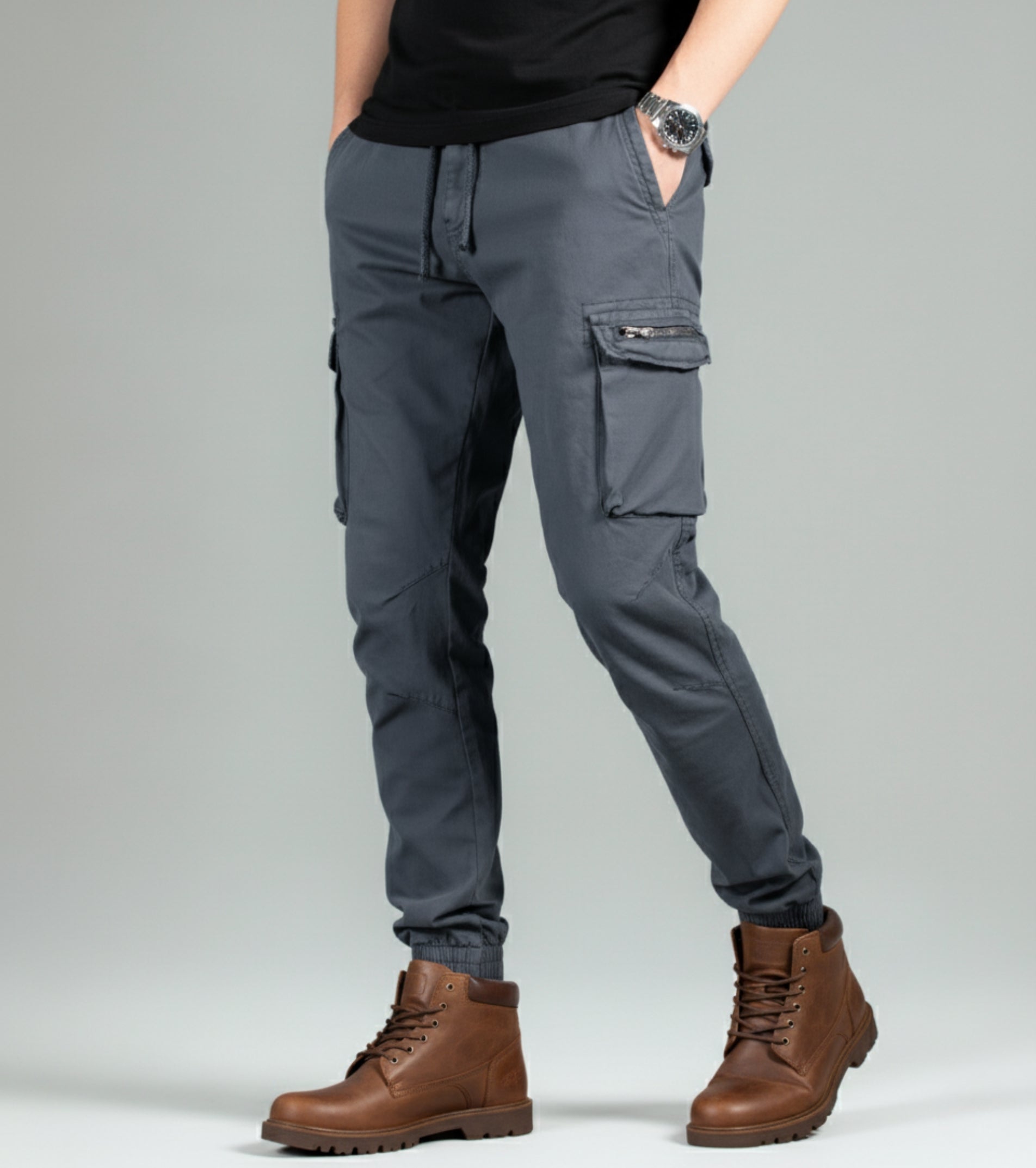 L'MONTE Men's Grey Cotton Stretch Cargo Joggers Lmonte International