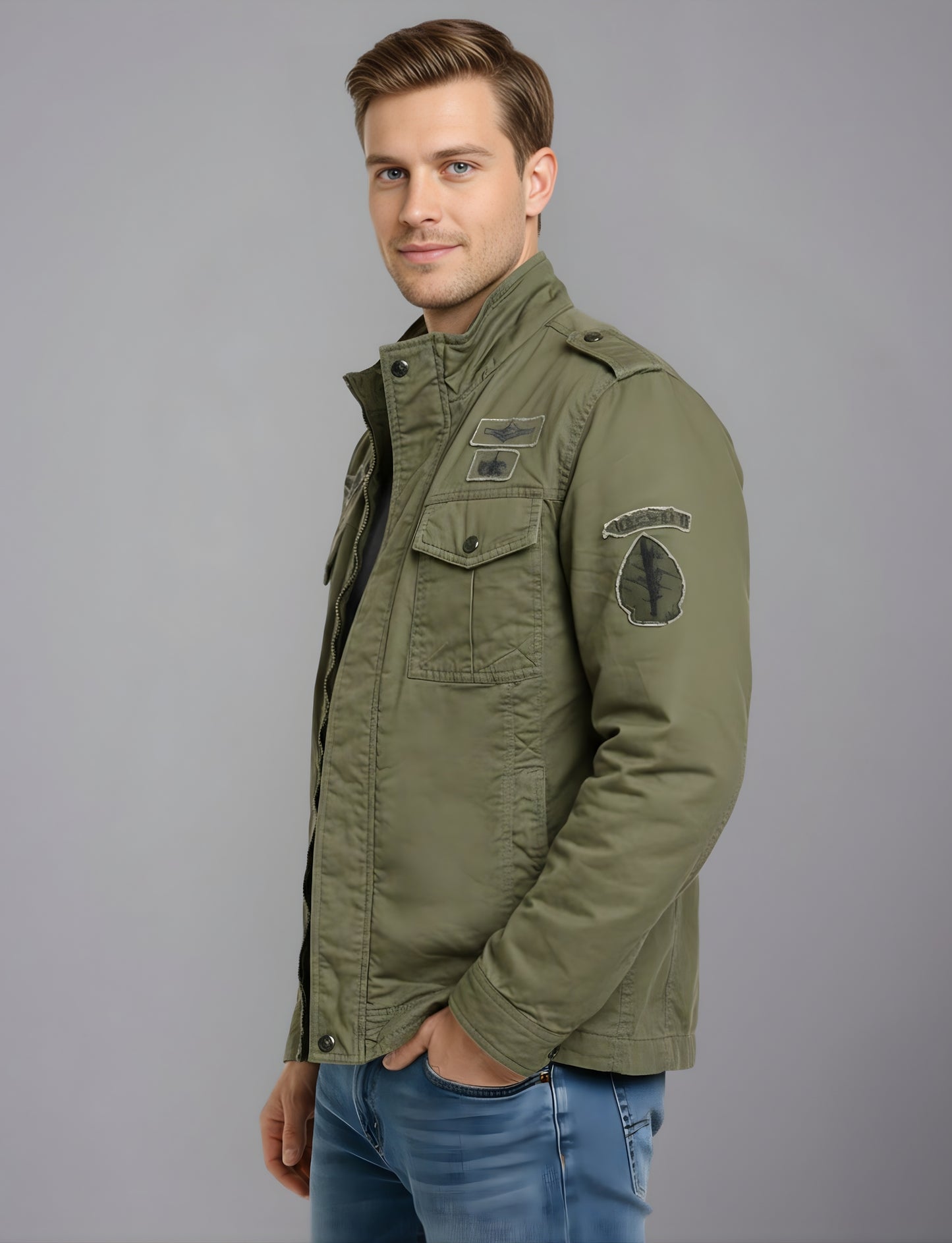 L'MONTE Men's Army Green Fleece-Lined Bomber Jacket