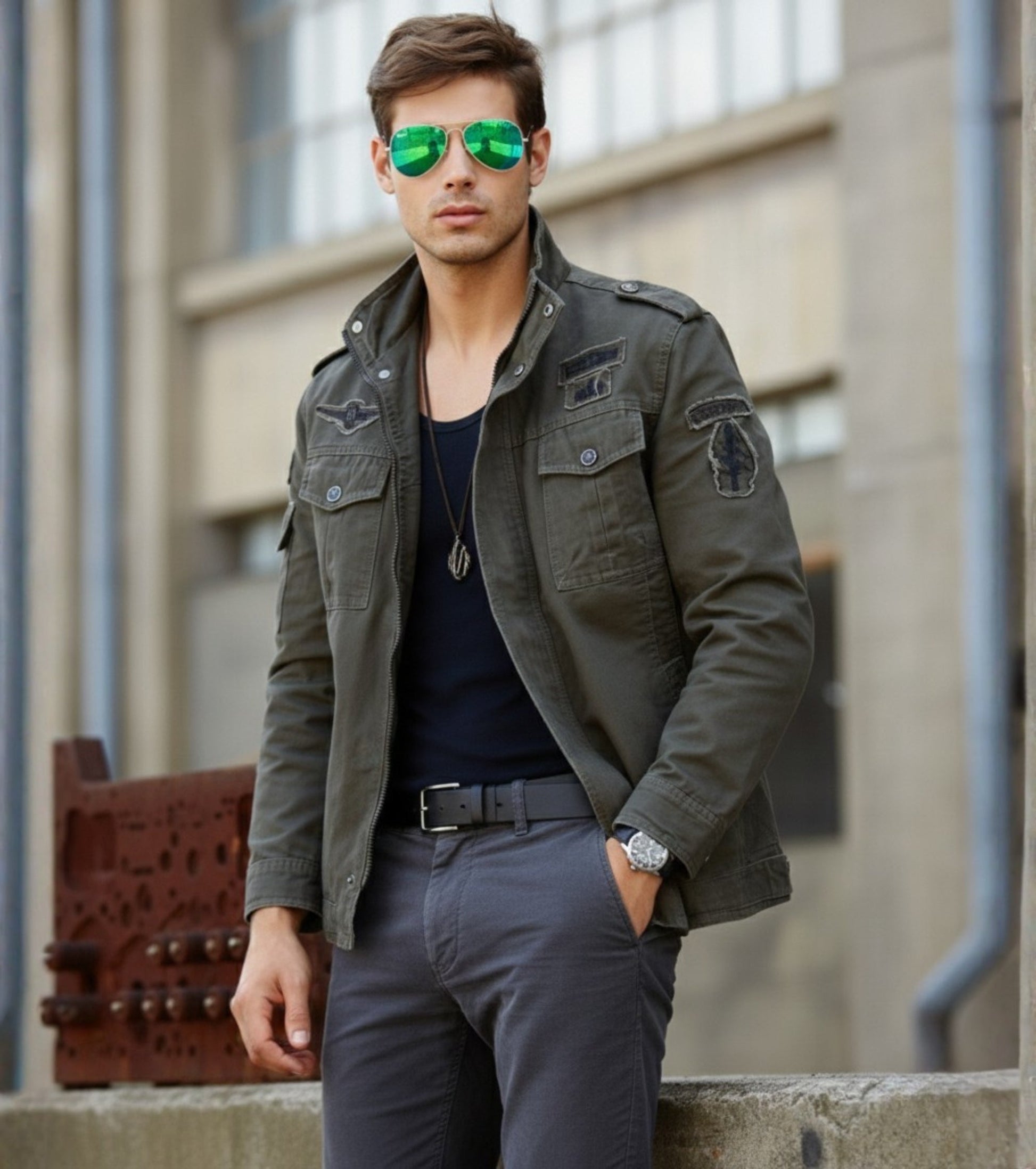 L'MONTE Men's Army Green Military-Style Bomber Jacket My Store