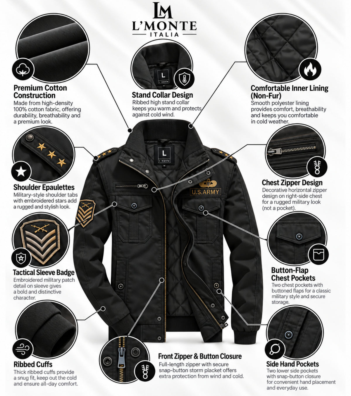 L'MONTE Men's Military-Style Black Cargo Jacket For Mild Winter My Store