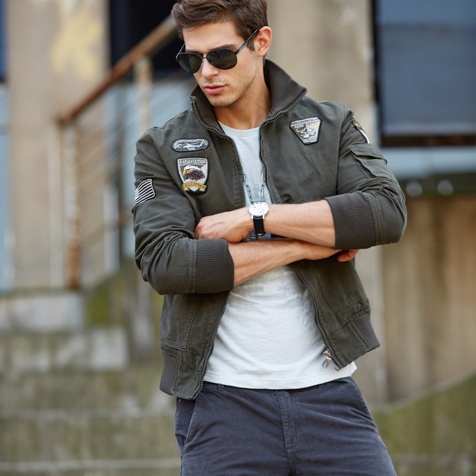 L'MONTE Men's Army Green USA Military-Style Biker Jacket My Store