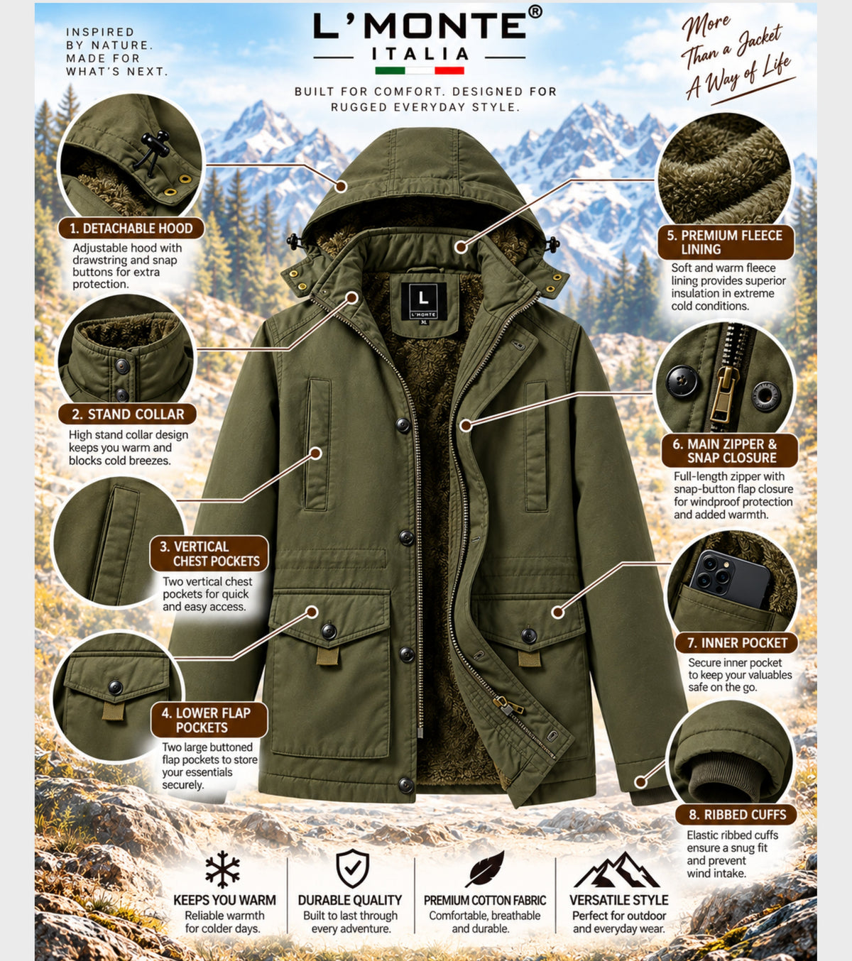 L'MONTE Men's Green Fleece-Lined Jacket With Detachable Hood My Store