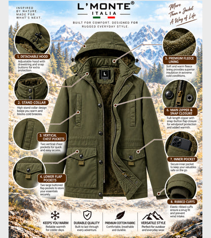 L'MONTE Men's Green Fleece-Lined Jacket With Detachable Hood My Store