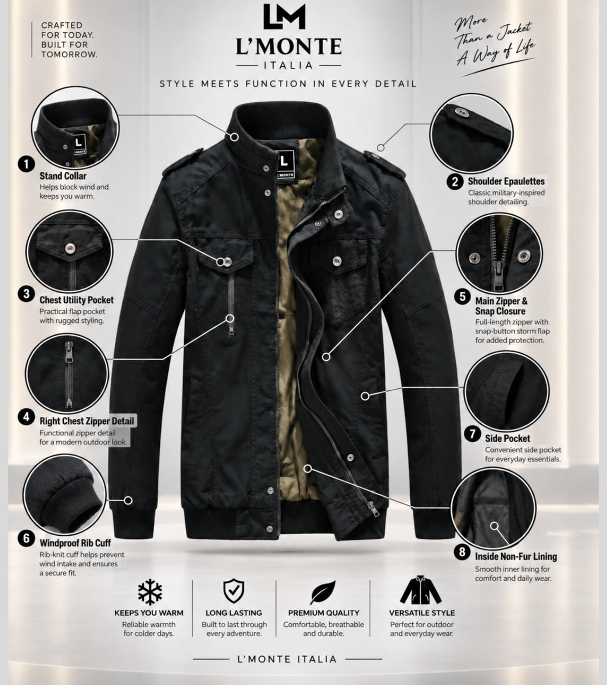 L'MONTE Men's Black Casual Bomber Jacket My Store