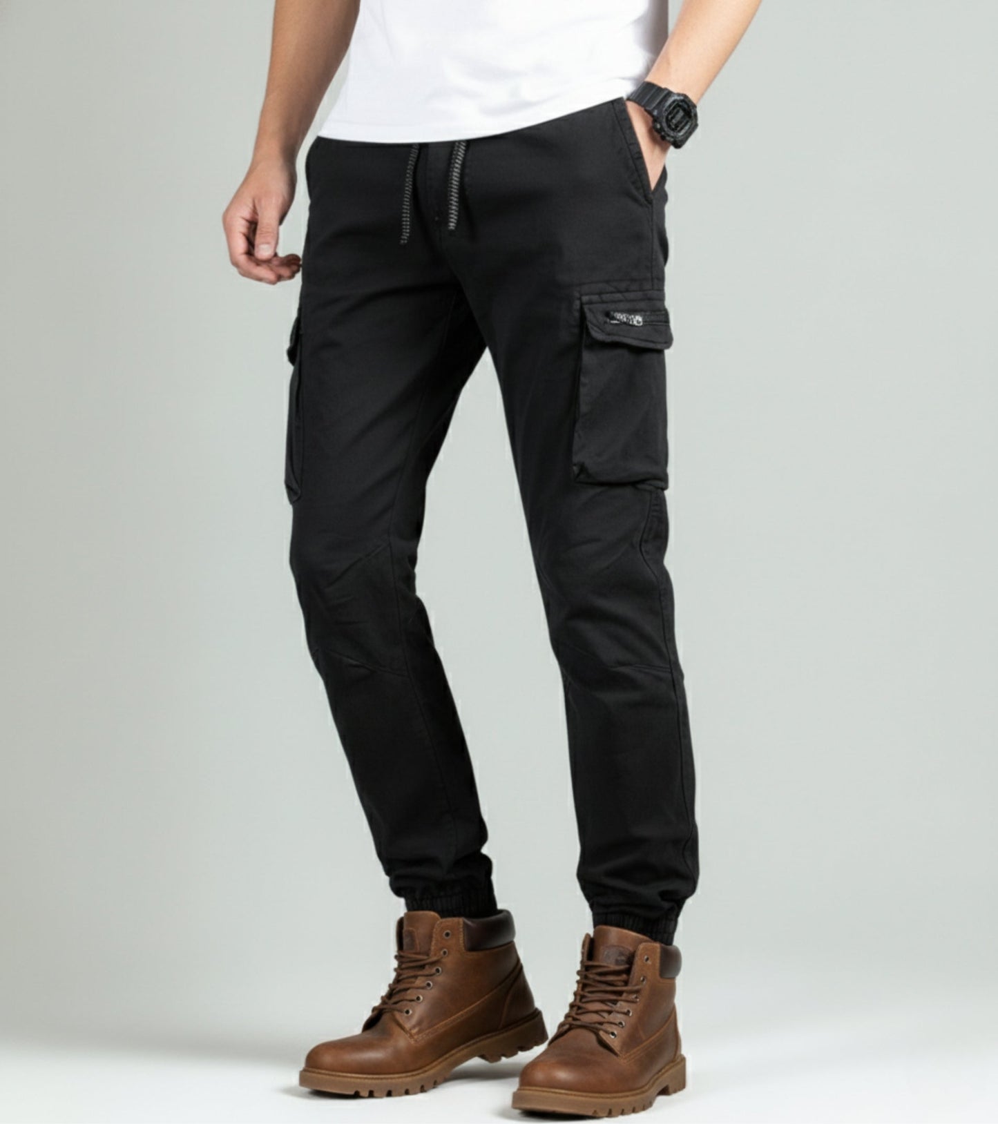 L'MONTE Men's Black Cotton Stretch Cargo Joggers Lmonte International