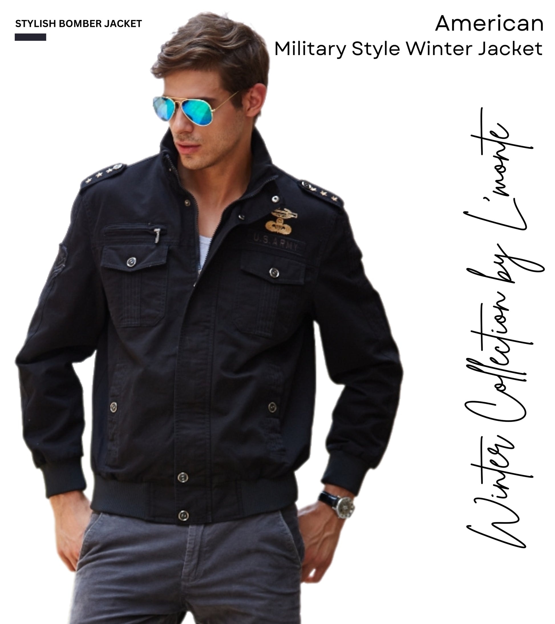 L'MONTE Men's Black Military Style Cargo Cotton Jacket My Store
