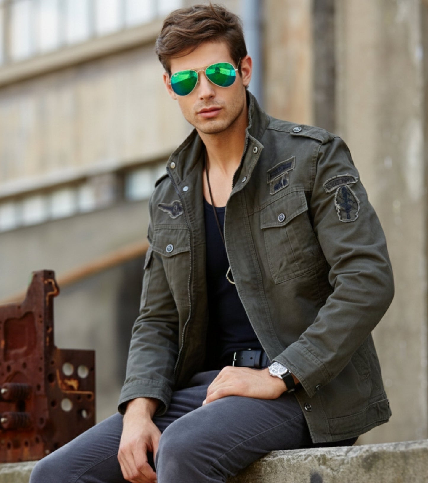 L'MONTE Men's Army Green Military-Style Bomber Jacket My Store