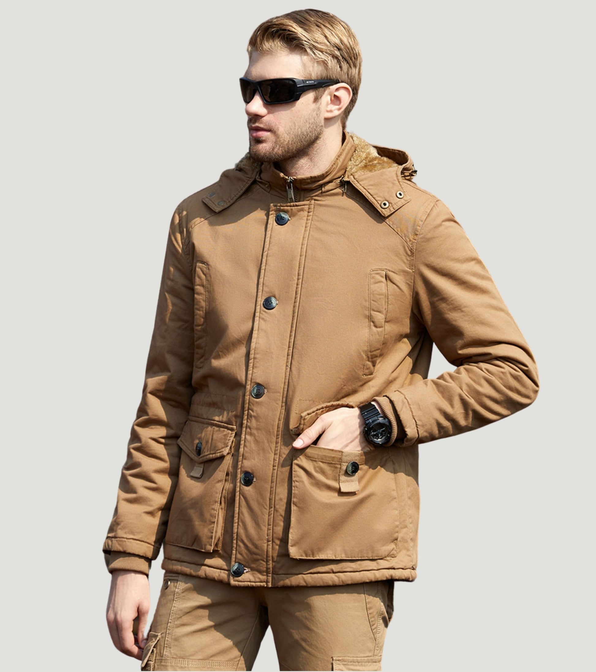 L'MONTE Men's Khaki Fleece-Lined Jacket With Detachable Hood My Store