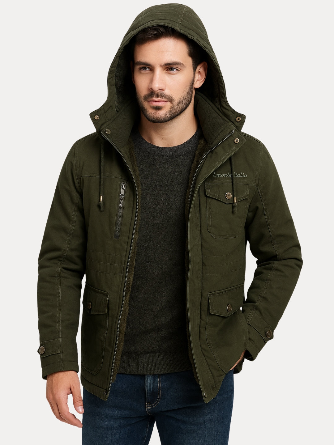 Mens Hooded Army Jacket L'MONTE Men's Army Green Heavy-Duty Winter
