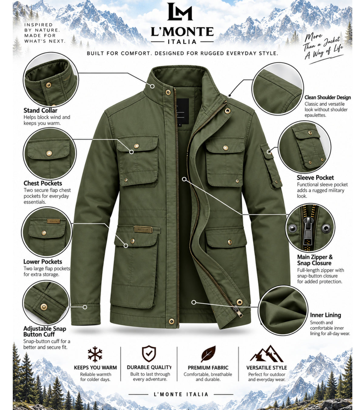 L'MONTE Men's Army Green Cotton Outdoor Fall Jacket For Mild Winter My Store